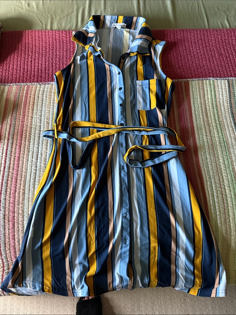 Women’s Sleeveless Striped Shirt Dress - Navy, Yellow & Light Blue